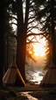 Placeholder: A Native American brown tents in the wood with a huge trees , river stream in the middle , behind the tree dim light of the sunset,