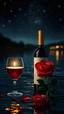 Placeholder: a glass, candle s on river water surface dark background with stars a bottle of wine and a rose and sparkling lights dots