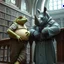 Placeholder: visible to waist a big and fat anthropomorphic frog hybrid in simple clothes talking with a strong gray (anthropomorphic rhinoceros no horn, without horns) in pale blue guard clothes, they talking and leaning on a wooden banister, in background a bibliothek with tall book shelves, detailed sci-fi, fantasy mood