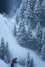 Placeholder: Up close to the foreground is a Man on skees trying to escape the avalanche coming down a the slope. Intense action with a sense of stress. High resolution 3d, 8k, trending on artstation. The snow in the background is overwhelming and the air is thick like smoke.