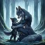 Placeholder: fantasy anime art from an gray bodyhair wolf female anthropomorphic wolf female hibrid kneeling hugs her two anthropomorphic wolf-kid hibrid child on field, in background tall trees wirh big trunks, rain, down on blue-green moss, hug each other , rainy day, high contrast, high detalied, atmospheric, fantasy, sci-fi mood