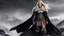 Placeholder: female barbarian warrior: long blonde braid cascades down, framing her striking features and generous curves. her grey dress hugs her body in all the right places, accentuating her strength and power. The dark cloak with a hood adds an air of mystery and intrigue to her presence. The solid and comfortable boots in leather and fur show her practicality and readiness for any adventure. The battle axe in one hand and the round wooden shield in the other speak to her fierce warrior spirit. The morni