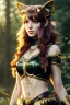 Placeholder: Druid character, young woman, cat ears, golden hair, long hair, golden eyes, scars, animal hide armor, waist up portrait, 4k resolution, intricate details, ornate details, soft lighting, vibrant colors, retroanime, masterpiece, intricate eyeliner, dark eyeshadow, eyes, intricate tattoos, natural background, fae, sidhe