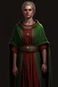 Placeholder: full length, tall, gangly, 22-year old, short haired, nordic looking grey-eyed female human cleric with a red beaded necklace, no earrings, dark green robes