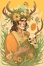 Placeholder: create a drawing for me. a fantasy drawing of a hispanic man with deer skull on his head. he has brown hair and tan skin. he wears peach colored robes and yellow pants with green accessories. he is surrounded by nature and is holding a crow companion. the skull is large and covers the face completely. the deer skull covers his face and the antlers have flowers on them.