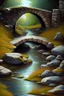 Placeholder: a landscape painter sits close to a little stone bridge, brook, highly detailed, realistic, smooth colors