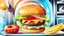 Placeholder: Real Illustration of a tasty Burger on a plate infront of fridge, fridge cleaner day