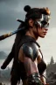 Placeholder: Barbarian character, animal hide armor, physically fit, tribal tattoos, scars, washboard abs, red facepaint, dark eyeshadow, intricate eyeliner, soft round eyes, beads in hair, 8k resolution, cinematic smooth, intricate details, vibrant colors, realistic details, masterpiece, oil on canvas, smokey background