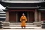 Placeholder: [very impressive high res masterpiece in Kodak Eastman 5247, bokeh scene by Stanley Kubrick] Shaolin gangsta monk waiting outside, in the doorstep of a stone temple