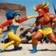 Placeholder: (1960’s stop-motion animation style of las reinas del combate en el suelo in Mexico) Two fierce rivals, one woman with fiery red hair clad in a bold yellow swimsuit, a bull guy in striking blue, engage in a brutal and exhausting battle on the mat. Each move they make is crucial, every shift in advantage a dance between victory and defeat.
