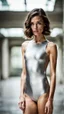 Placeholder: beautiful anorexic secretary, total shot, short shiny silver triathlon swimsuit, short brunette wavy bob hair, blurred concrete background, standing