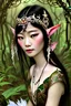 Placeholder: Art Nouveau art style A beautiful as a model asian woodland elf princess who looks like a young Lucy Liu seated on a throne in a mystical forest, photo-realistic