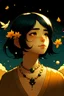 Placeholder: A girl with medium-length, black hair looks at the sky with sparkling eyes and has a necklace in the shape of a flower and a bird on her neck.