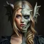 Placeholder: a portrait of a fantasy person. One half of their face is an attractive blonde woman, the other a gargoyle statue