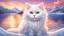 Placeholder: Draw me a cartoon style picture of a white cat with soft hair in a beautiful sea setting with snowy mountains and a beautiful sunset, and the picture appears in the form of a children's story in many colors.