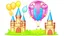 Placeholder: Illustration of a balloon castle, this castle is the party decoration factory. detailed illustration. Children book style.