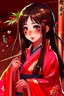 Placeholder: Cute Japanese girl, with pink eyes, dressed in her pink kimono and a black haori, black long hair with reddish tips, a piece of bamboo covering her mouth