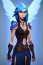 Placeholder: a person in runic armor with blue wings, blue short hair, runic tattoo and spell book