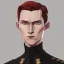 Placeholder: general hux 3/4 view, wearing a black First Order uniform, serious, imposing figure, thick eyebrows, digital art, wearing a black First Order uniform, green eyes, gray background, sepia filter