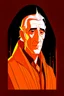 Placeholder: A portrait of Christopher Lee in his thirties as an elf mage, dressed in an expensive orange medieval shirt, in the style of Genndy Tartakovsky, long pointy elven ears, dark background