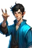 Placeholder: a young half elf man sea sorcerer black hair, small pointy ears and blue eyes. Pointing one finger like a gun