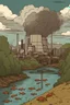 Placeholder: a nuke power plant with a lot of smoke in the sky by the river and show many dead fish and some animals are dead j