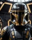 Placeholder: star wars bald male corellian pilot wearing dark gunmetal grey and black First Order special forces TIE pilot armored flightsuit and helmet with gold trim inside the jedi temple, centered head and shoulders portrait, hyperdetailed, dynamic lighting, hyperdetailed background, 8k resolution, volumetric lighting, light skin, fully symmetric details