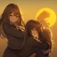 Placeholder: Clear Focus, High resolution, 2 girls hugging, the two girls is a human version of sun and moon, sun if happy and moon is sad, sun in the background