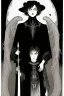 Placeholder: 7 year old boy, necromancer, friendly, looks dead,with a long lamprey emerging from his belly , wearing black robes, in the style of Harry Clarke