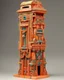 Placeholder: A light rosy orange colored mechanized fortress designed in pacific Northwest totem poles painted by Zhang Lu