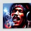 Placeholder: realistic portrait of Jimi Hendrix at a turntable with headphones on being a DJ, cigarette in mouth