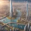 Placeholder: Aerial view of city on a (((twin planet))) of Earth in another galaxy, showing a diverse community. The skyline is dominated by tall skyscrapers with modern futuristic architectural designs, the streets are filled with people from diverse backgrounds. In the distance, a majestic bridge crosses a river and connects the city with a beautiful park on the other side.