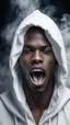 Placeholder: beautiful black women in white Smokey ethereal, heavenly background, portrait of a hooded young man open mouth screaming