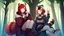 Placeholder: Two Girls, red hair, raccoon ears, raccoon tail, raccoon muzzle on face, forest, sit on tree, raccoon paws on hand, paws on foot, coat on neck,with tongue out