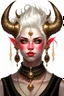 Placeholder: A young tiefling woman with a set of ram horns on her head encrusted with jewels, White-Blonde, short hair, black eyes, no pupils, dressed in white with lots of jewelry, beautiful, she looks like an angel