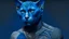 Placeholder: blue background, cat man, wool, fine drawing, high detail, 8K, tattoos,