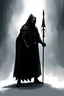 Placeholder: cloaked figure wearing a dark plain mask with a spear on his back