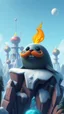 Placeholder: cannon ball seal with fire mustache above frozen artic jungle with weird alien towers gets torn apart under him, in the style of Pixar, expertly crafted in a whimsical and vibrant cartoon style. is masterfully rendered in a lifelike 3D design, which captivates viewers with there irresistible charm.