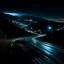 Placeholder: night time, a car dashboard lighting up, a dark mountain road in the windscreen, with a beautiful city in the distance, photo quality