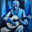 Placeholder: picasso man die gitaar speelt blauw realistisch geschilderd