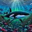 Placeholder: a very detailed orca in the ocean surrounded by a school of little fishes. Realistic, underwater world, enchanting, dangerous.