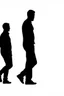 Placeholder: black silhouette of two adult men, one tall and muscular, walking away from the camera on solid white background