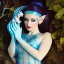 Placeholder: a beautiful sourceress, dressed in a transparent intricate blue dress, leaves in the hair,elf like ears, resting with a white tiger, high definition, high contrast