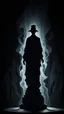 Placeholder: A scary silhouette of a statue in ghostly clothes stands in the center on a black background