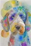 Placeholder: abstract watercolour of the head of bernadoodle dog in the style of paul klee with circles of colour and pencil outlines