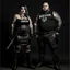 Placeholder: Picture of a photrealistic, lifelike,young 33 year old chubby extreme tatood girl with big scary knifes in her hands and a 25 years old boy, dressed in gothpunk clothing and boots,