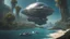 Placeholder: futuristic floating island suspended in the air, cities, fantasy, A woman with blond hair in a robotic silver catsuit, standing on the right of a partially submerged sleek crashed spaceship, on an alien beach, with towering alien trees, high details