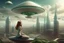 Placeholder: beautiful woman riding flying saucer over future alien city