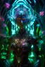 Placeholder: Princess in a dress, filigreed flowers, molten transparent glass and crystal in a magical neon forest, light elements, detailed leaves, cyberpunk flickers in the petals, light botanical, cyber art, art bionicle, cyberpunk style, 16k, 100mm lens, f/8, symmetry