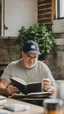 Placeholder: A man wearing a white Dad Hat, glasses, and reading